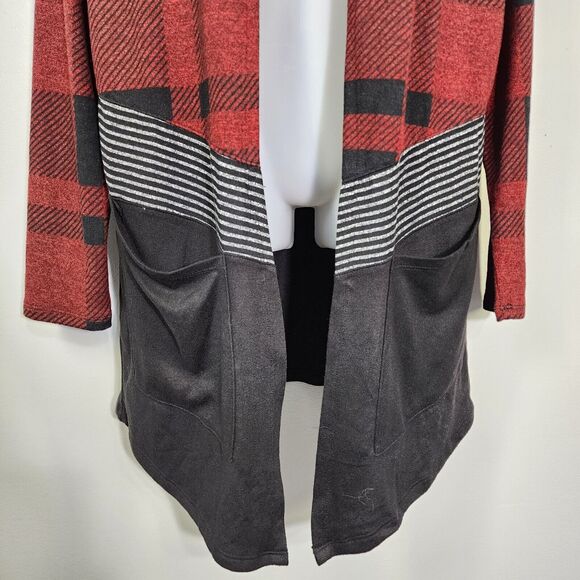 Maurices Womens Hooded Cardigan Medium Buffalo Plaid Block Drape Front Red Black - Picture 7 of 11